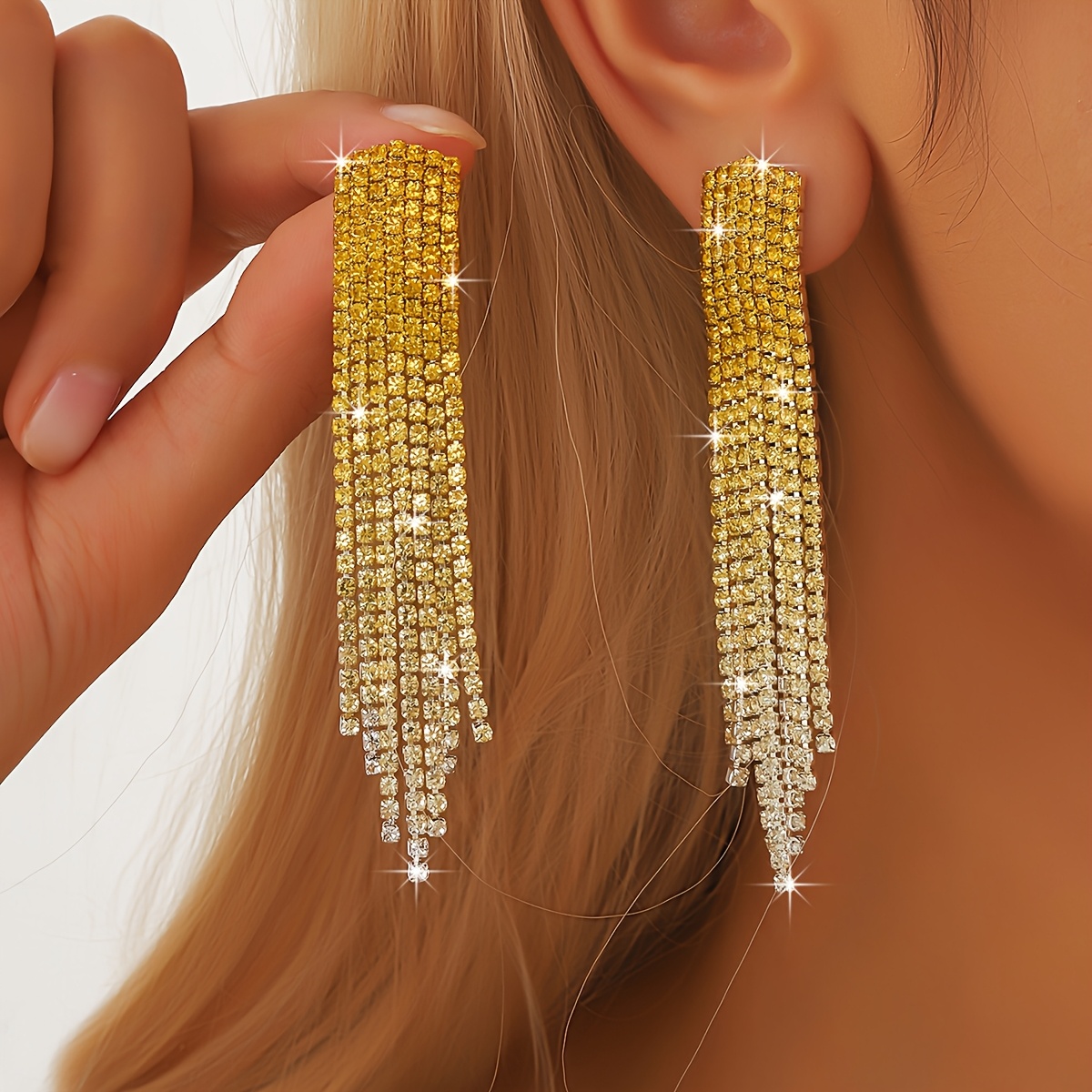 Gradient Color Inlaid Rhinestone Curved Tassel Earrings
